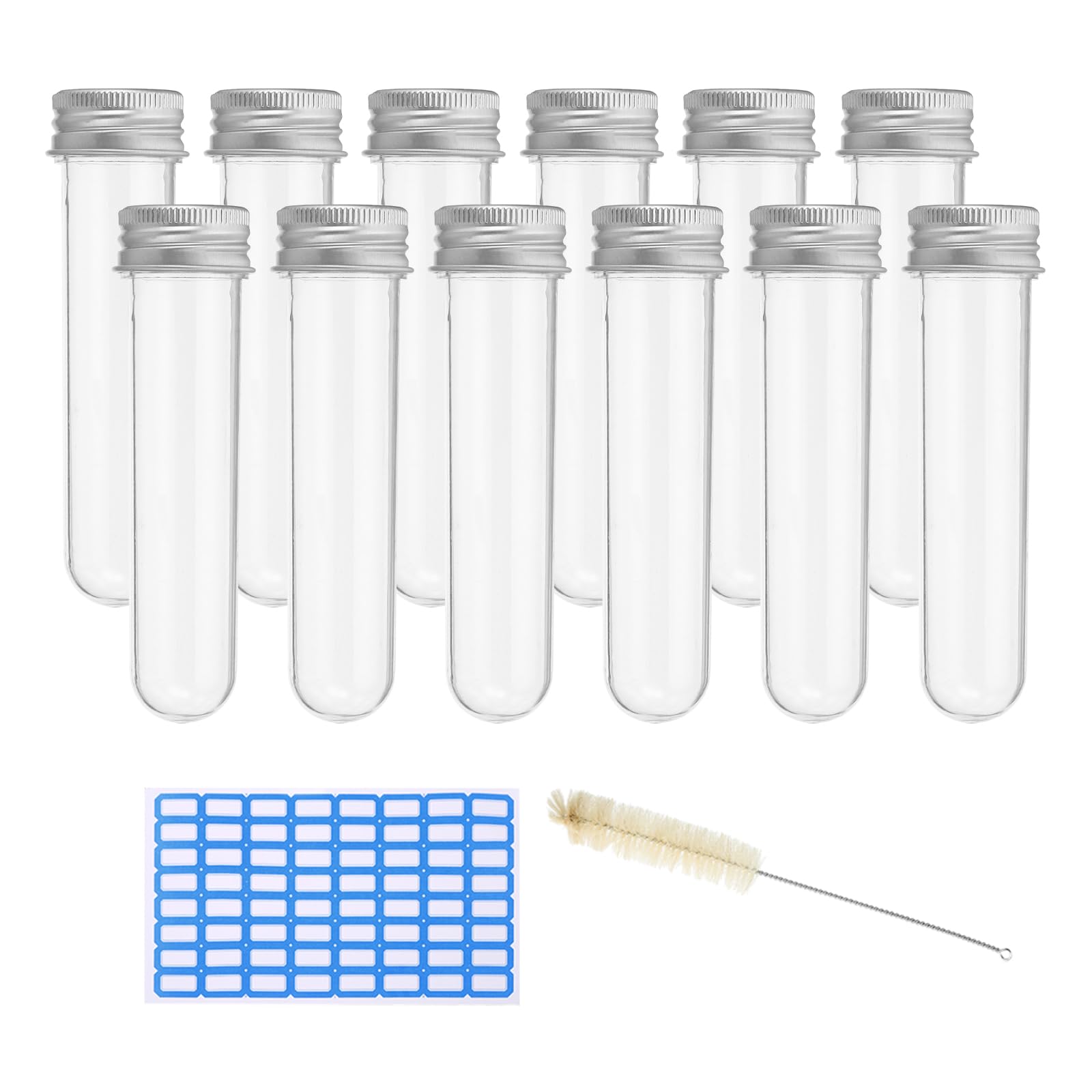 PATIKIL 30ml Test Tubes Set, 24pcs 4.3x1" Plastic Clear Round Bottom Test Tube Containers with Labels for Bead Party Candy Bath Salt Storage Plant Propagation, Silver Cap