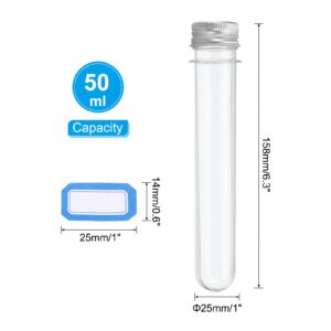 PATIKIL 50ml Test Tubes Set, 24pcs 5.5x1" Plastic Clear Round Bottom Test Tube Containers with Labels for Bead Party Candy Bath Salt Storage Plant Propagation, Silver Cap