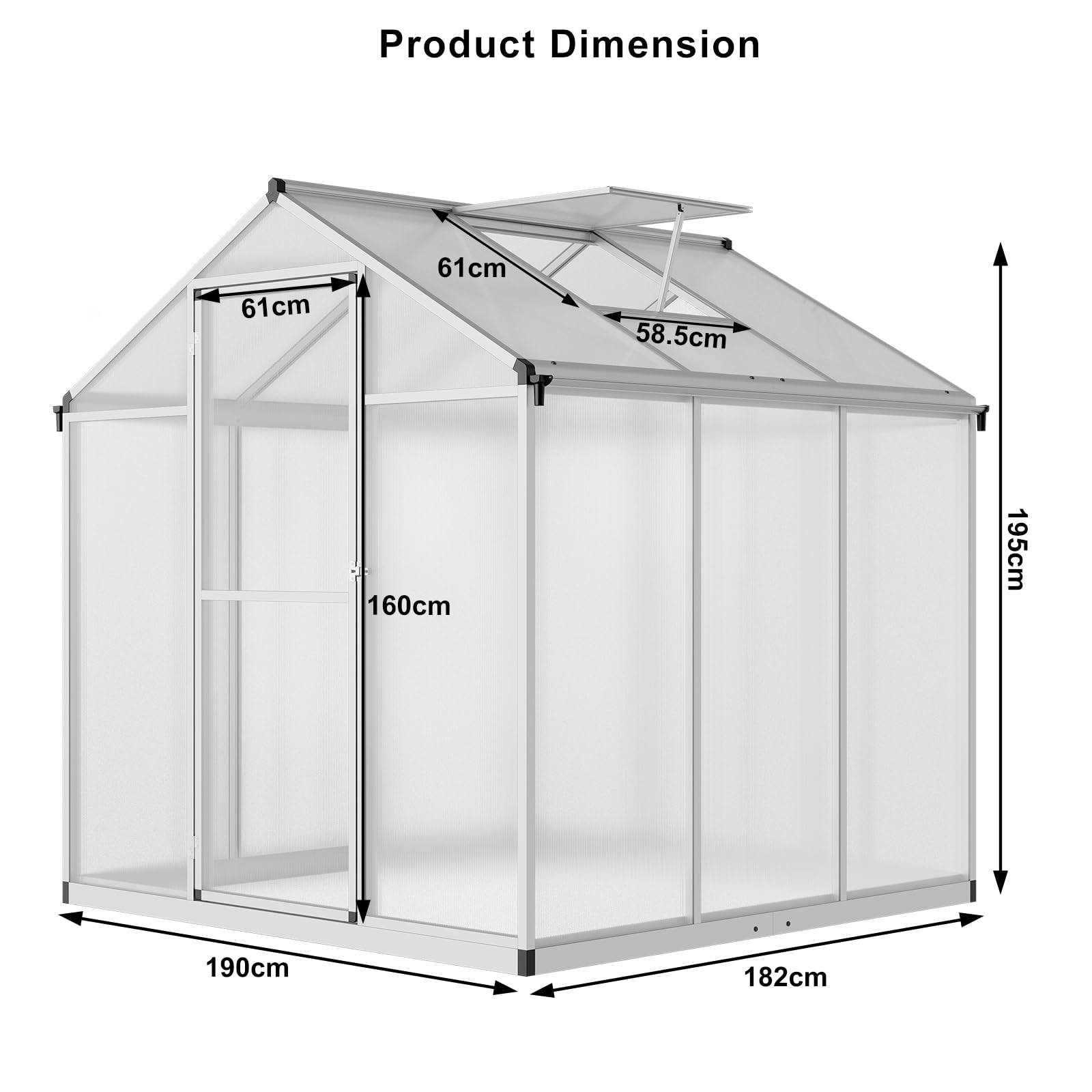 6x6 FT Greenhouse for Outdoors, Polycarbonate Greenhouse with Quick Setup Structure and Roof Vent, Aluminum Large Walk-in Greenhouse for Outside Garden Backyard, Silver