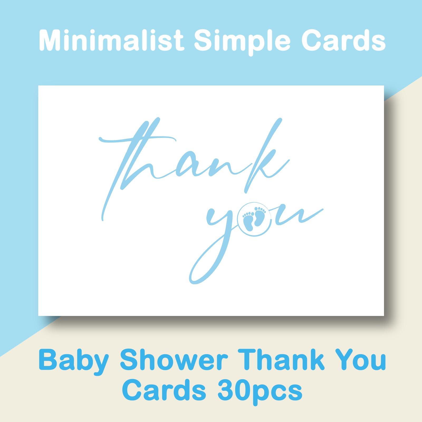 AZAZA Baby Shower Thank You Cards with Envelopes Footprint Liners, 30pcs Baby Boy Blue Thank You Cards 4x6, Thank You Note and Gold Stickers for Baby Gift Sets (Blue Envelopes & White Cards)