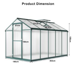 6x10 FT Greenhouse for Outdoors, Polycarbonate Greenhouse with Quick Setup Structure and Roof Vent, Aluminum Large Walk-in Greenhouse for Outside Garden Backyard, Green