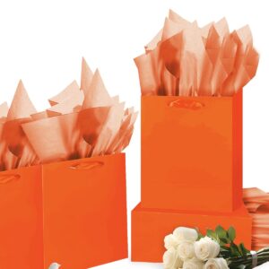 Gcardist Bright Orange Gift Bags with Tissue Paper for Wedding, Birthday, Party Supplies-7.9"x4.3"x9.6" Medium Size Cardboard Gift Bags（5pcs Bags +10pcs Tissue Paper ）