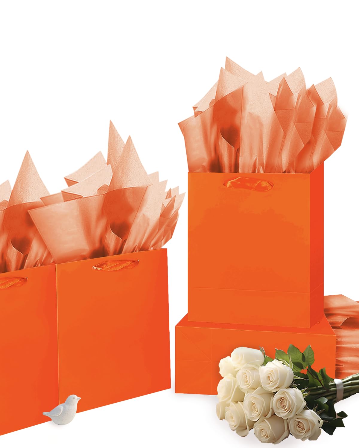 Gcardist Bright Orange Gift Bags with Tissue Paper for Wedding, Birthday, Party Supplies-7.9"x4.3"x9.6" Medium Size Cardboard Gift Bags（5pcs Bags +10pcs Tissue Paper ）