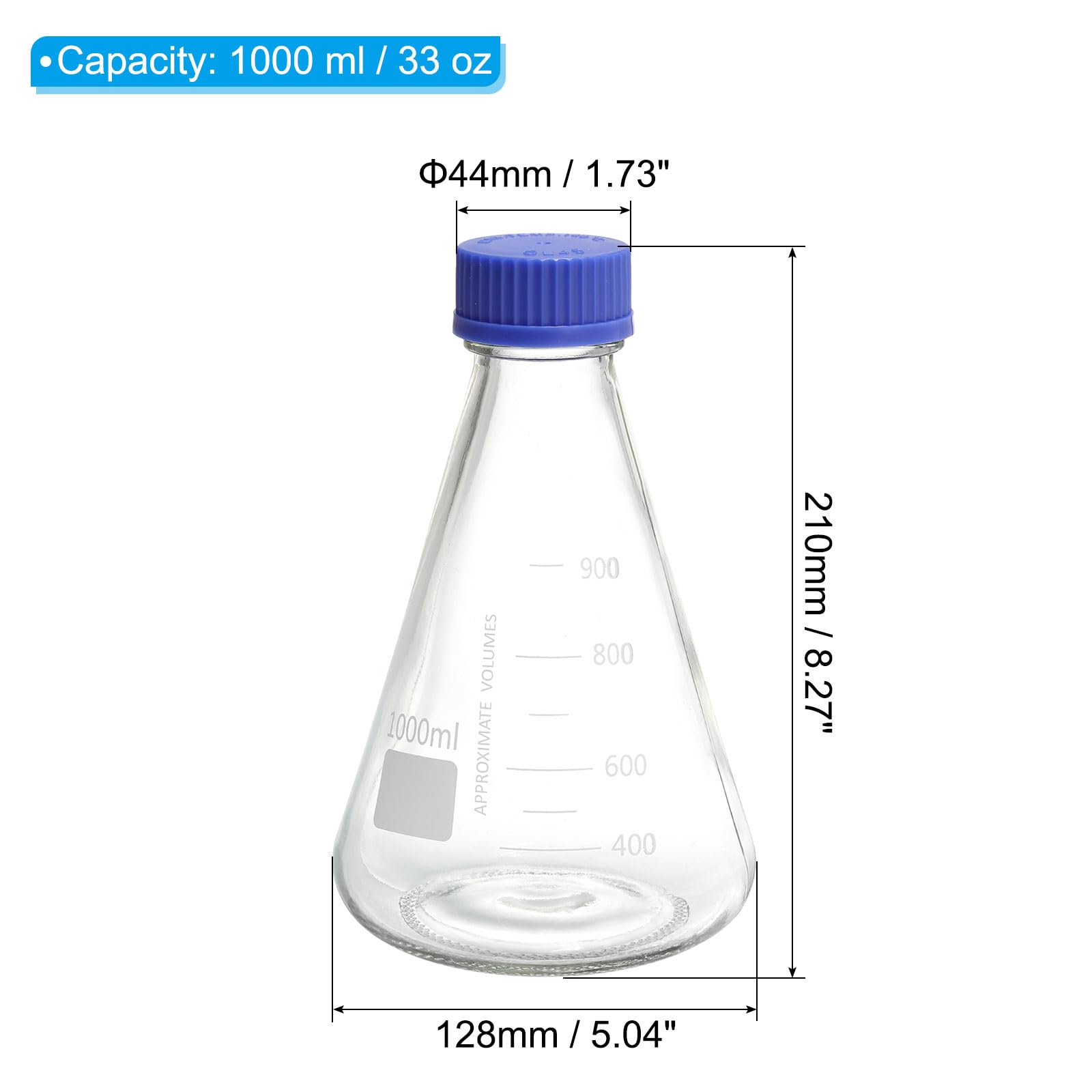 PATIKIL Erlenmeyer Flask, 1000ml Narrow Mouth Graduated Flasks with Screw Cap Borosilicate Glass Flasks with Printed Graduation for Lab, Experiment, Chemistry, Science Study