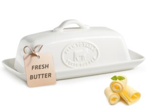 yhojoy cow butter dish, ceramic butter dish with lid for countertop, white butter tray with handle, farmhouse covered butter holder container for east west coast butter storage