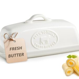 YHOJOY Cow Butter Dish, Ceramic Butter Dish with Lid for Countertop, White Butter Tray with Handle, Farmhouse Covered Butter Holder Container for East West Coast Butter Storage