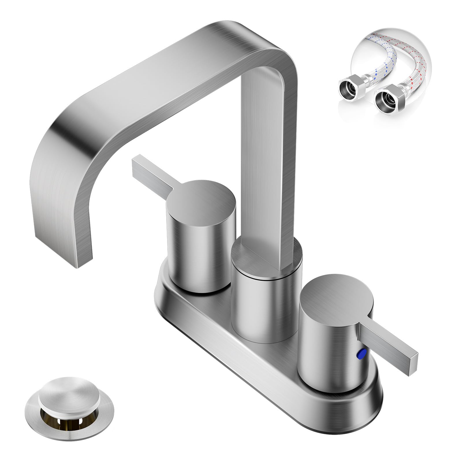 Phiestina Waterfall Bathroom Sink Faucet, Brushed Nickel 4 Inch 2 or 3 Hole Centerset RV Bathroom Faucet, with Swivel 360 Degree Spout, Metal Pop-Up Drain and Water Supply Lines, BF040B-1-BN