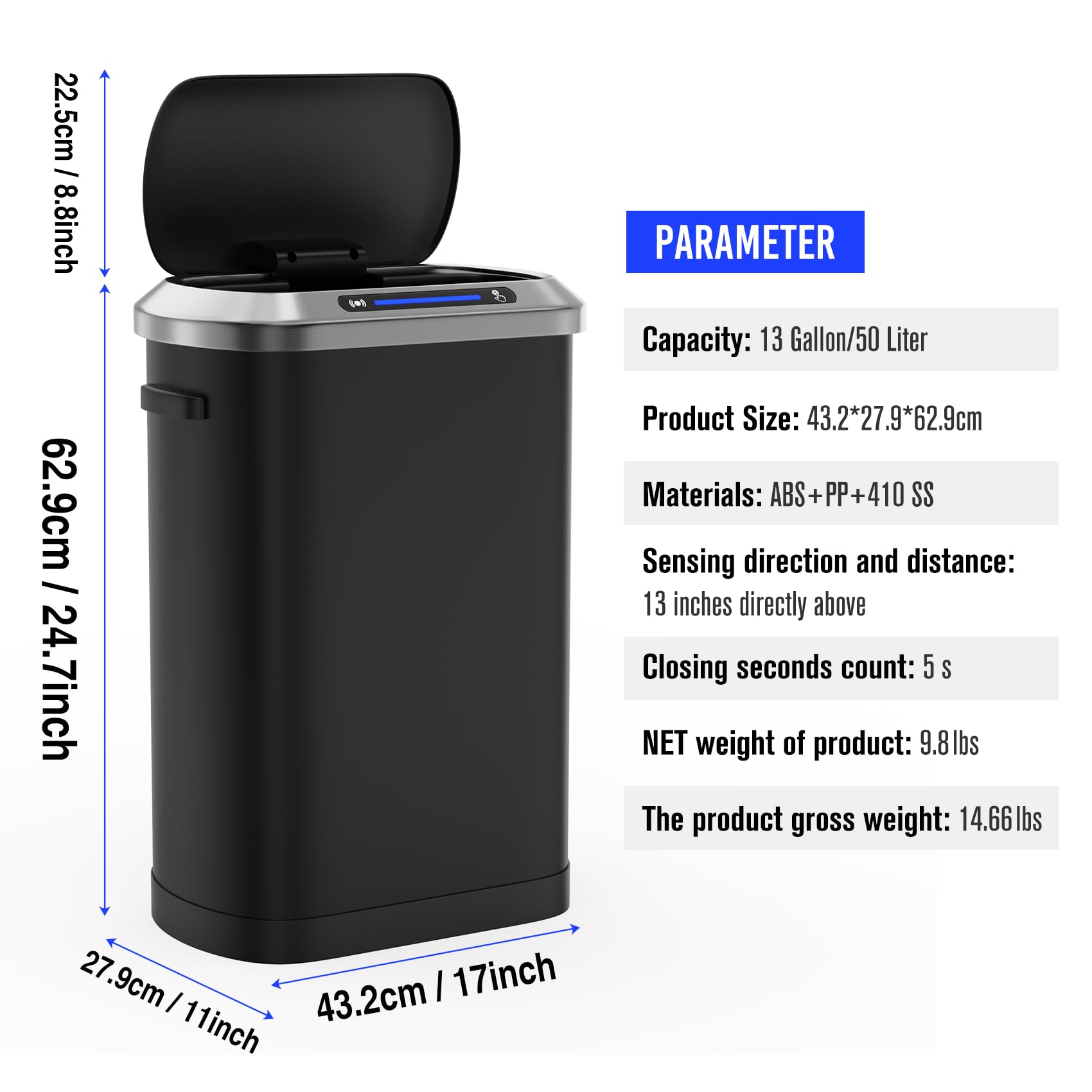 13 Gallon Automatic Trash Can with Lid, Touchless Smart Stainless Steel Thickened Garbage Can with 30 Count Garbage Bags Whisper-Quiet Sensor Lid Waste Bin for Kitchen, Living Room, Office - Black