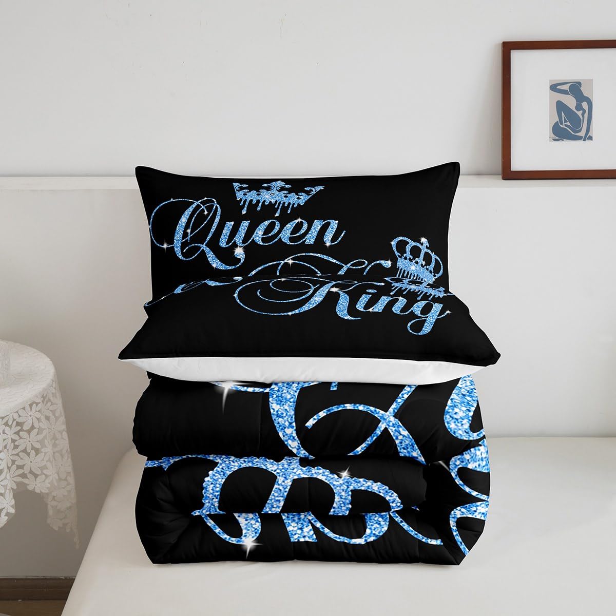 Feelyou Crown Queen and King Couple Comforter Sets His and Hers Bedding Set for Teens Women Men Black Navy Blue Queen Size,Lover Romantic Valentine's Day Decorations Quilt Set All Season(No Glitter)