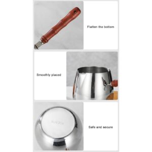 SUNGOOYUE Portable Mini Milk Warmer Pot 304 Stainless Wooden Handle Pointed Spout, Stainless Steel Butter Warmer Pan for Home Outdoor Picnic Cooking Pouring (300ML)