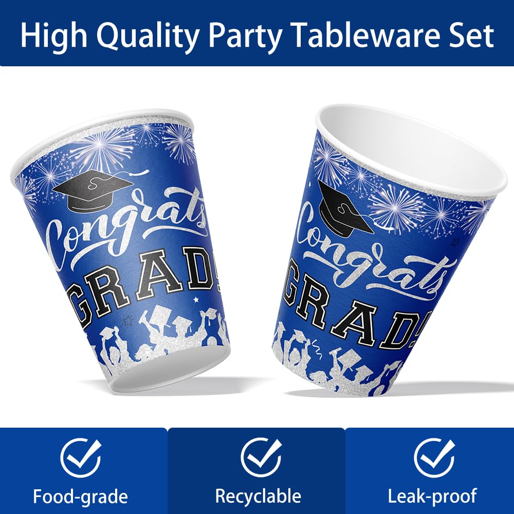 Graduation Plates and Napkins 2024 Graduation Decorations Class of 2024 Blue Silver Graduation Party Supplies Cups Tablecloth Banner Dineware for Congrats Grad Party Decorations Serve 25