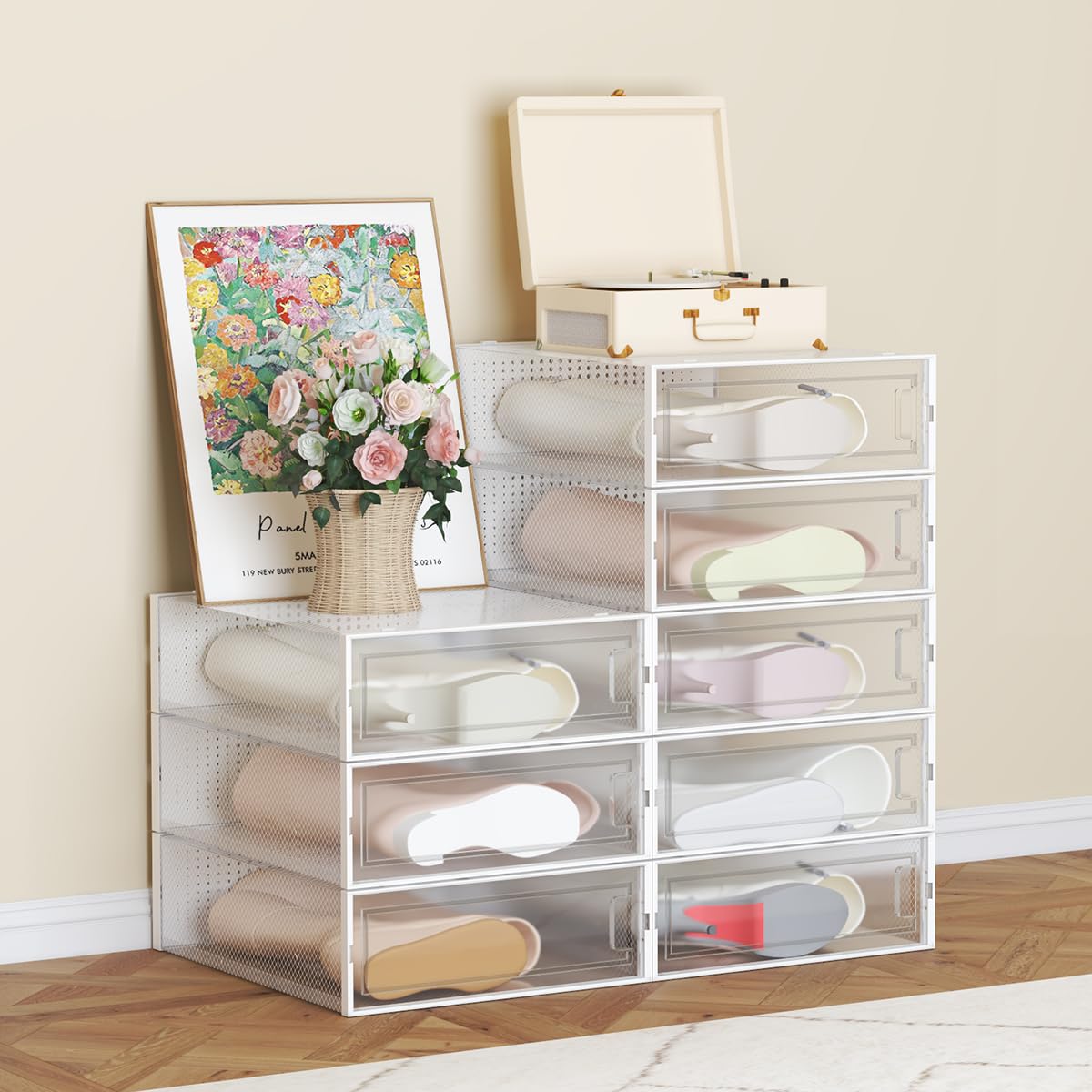 WAYTRIM Stackable Boots Storage Box, 8 Pack Stackable Boots Organizer and Storage Boots Box, Under Bed Boot Storage, 20.5" x 11.8" x 5.5" - Clear White