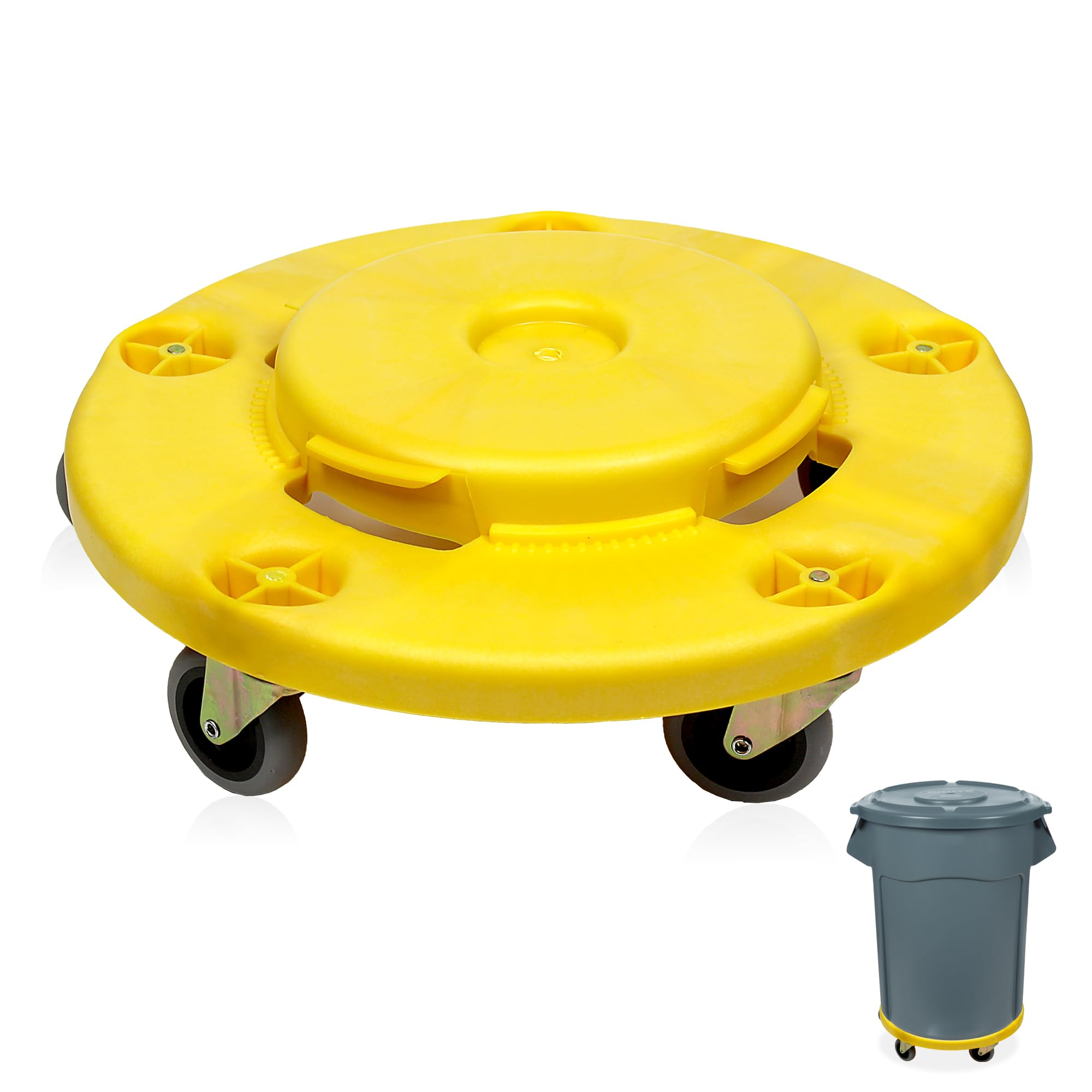 MaxWorks 50933 Round Trash Can High Visibility Yellow Dolly with 5 Swivel Casters 18 inch Dolly for 20 32 44 55 Gallon Containers Twist ON & Off