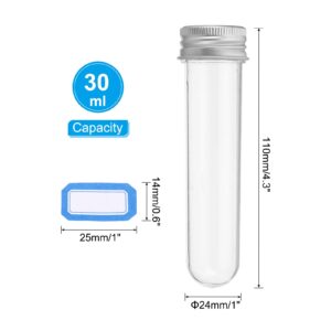 PATIKIL 30ml Test Tubes Set, 24pcs 4.3x1" Plastic Clear Round Bottom Test Tube Containers with Labels for Bead Party Candy Bath Salt Storage Plant Propagation, Silver Cap