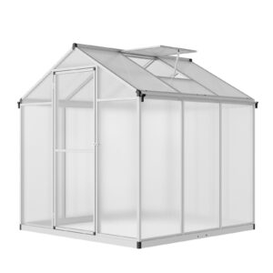 6x6 ft greenhouse for outdoors, polycarbonate greenhouse with quick setup structure and roof vent, aluminum large walk-in greenhouse for outside garden backyard, silver