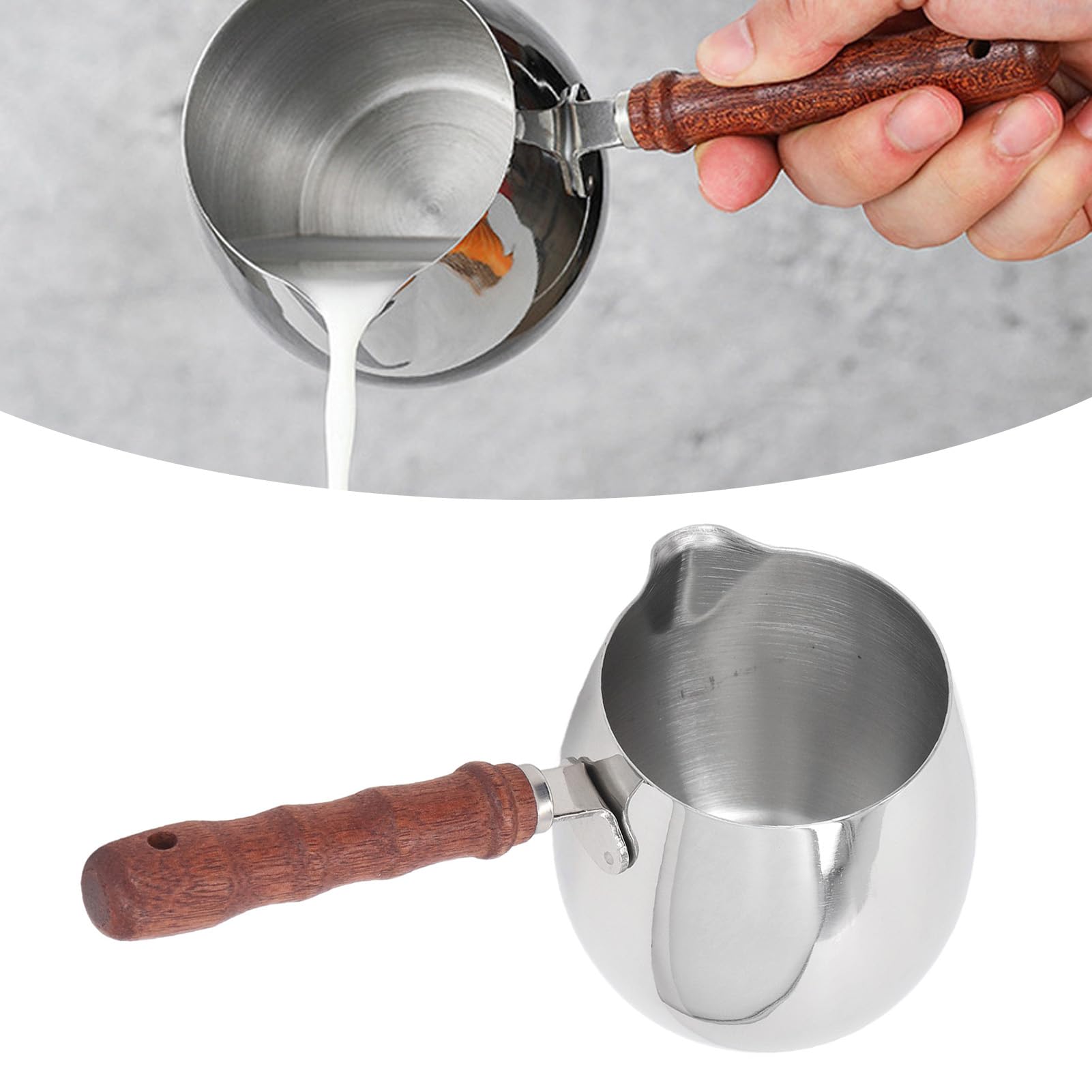 SUNGOOYUE Portable Mini Milk Warmer Pot 304 Stainless Wooden Handle Pointed Spout, Stainless Steel Butter Warmer Pan for Home Outdoor Picnic Cooking Pouring (300ML)