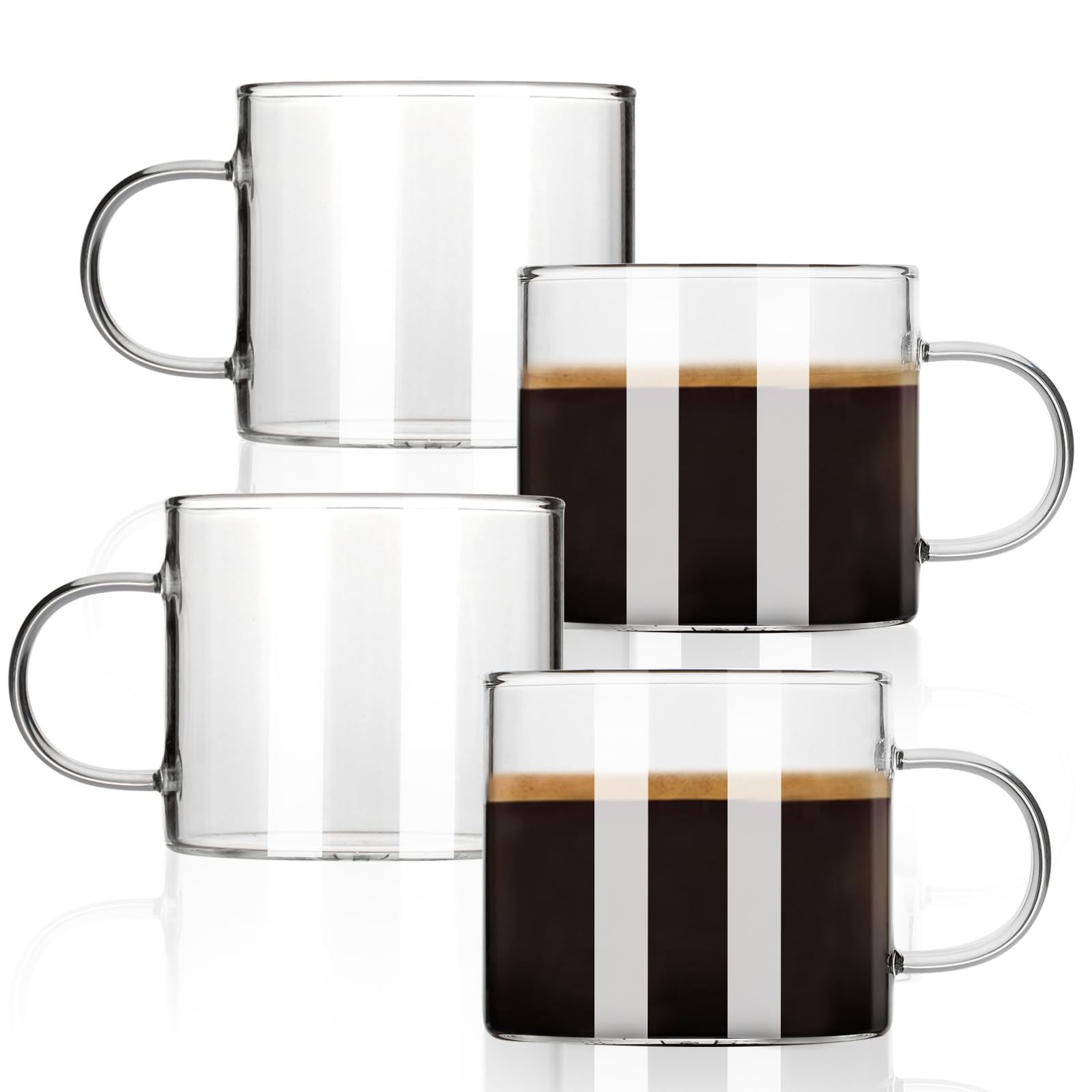 BOILMERIT Espresso Cups Set of 4, 5 oz Small Espresso Shot Glasses with Handle, Clear Espresso Coffee Mugs, Glass Demitasse Cups for Double Espresso or Tea, Coffee Machine, Espresso Accessories