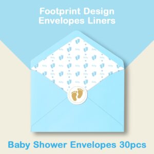 AZAZA Baby Shower Thank You Cards with Envelopes Footprint Liners, 30pcs Baby Boy Blue Thank You Cards 4x6, Thank You Note and Gold Stickers for Baby Gift Sets (Blue Envelopes & White Cards)