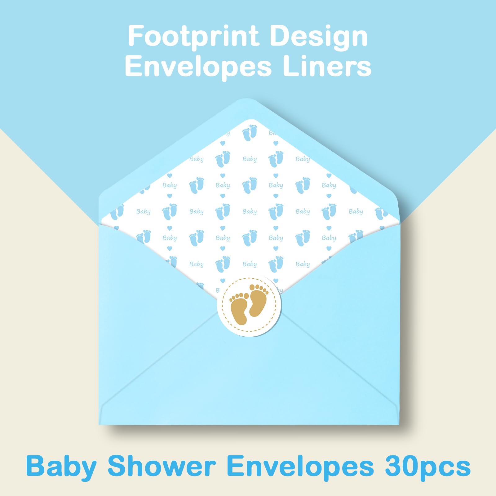 AZAZA Baby Shower Thank You Cards with Envelopes Footprint Liners, 30pcs Baby Boy Blue Thank You Cards 4x6, Thank You Note and Gold Stickers for Baby Gift Sets (Blue Envelopes & White Cards)