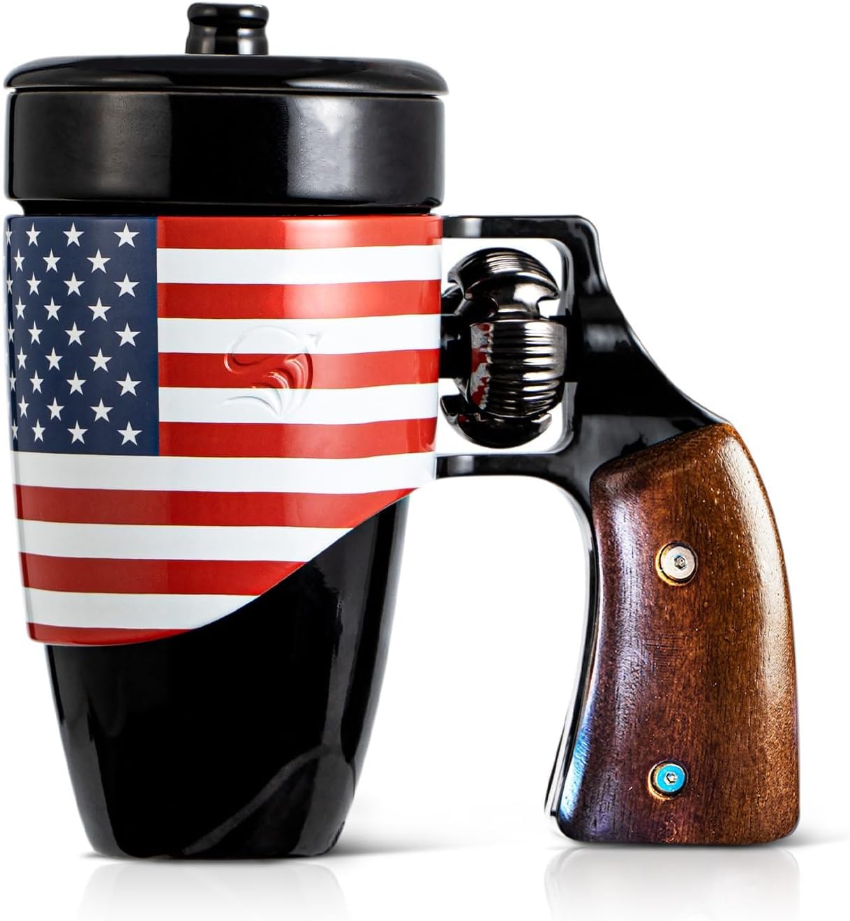 Pukomc Novelty Ceramic Coffee Mug, Birthday Gifts for Men and Women, fathers gifts, Gun Coffee Mugs for Men (16OZ) (Black & Flag)