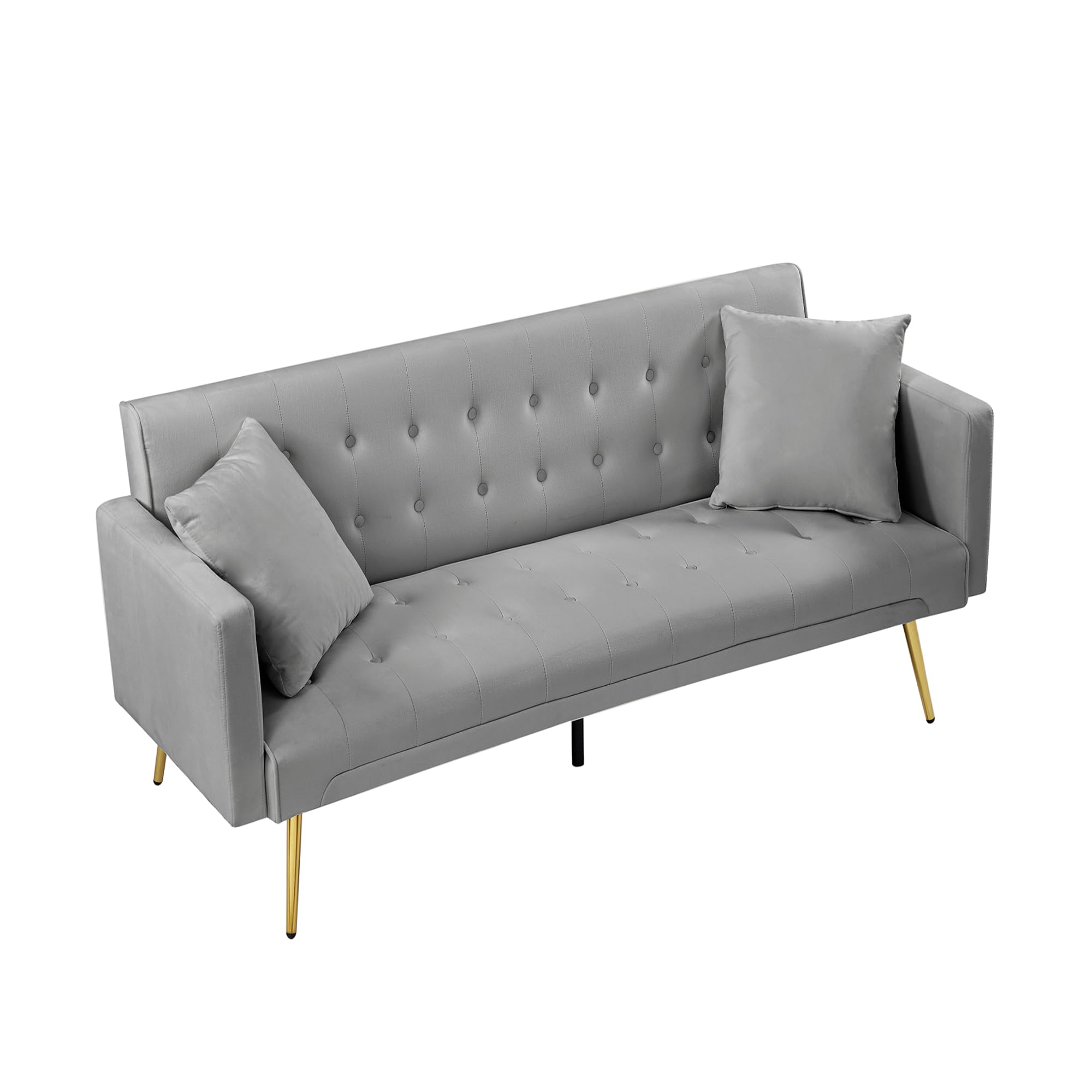 Anwick Modern Velvet Futon Sofa Bed: 72" Satin Convertible 2 Pillows Tufted Back Golden Metal Legs Folding Sleeper Loveseat for Small Space Home Office Living Room (Grey)