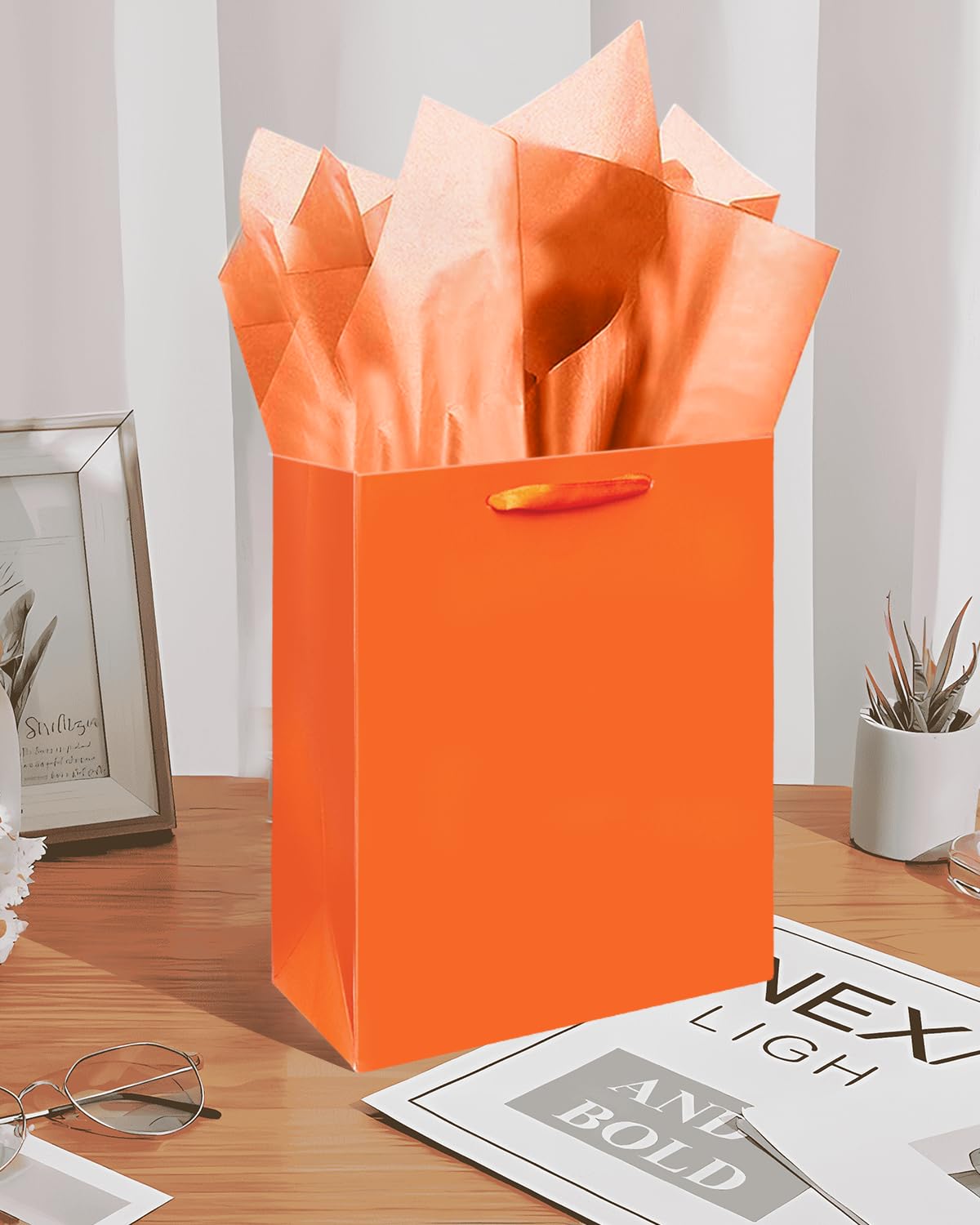 Gcardist Bright Orange Gift Bags with Tissue Paper for Wedding, Birthday, Party Supplies-7.9"x4.3"x9.6" Medium Size Cardboard Gift Bags（5pcs Bags +10pcs Tissue Paper ）