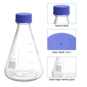 PATIKIL Erlenmeyer Flask, 1000ml Narrow Mouth Graduated Flasks with Screw Cap Borosilicate Glass Flasks with Printed Graduation for Lab, Experiment, Chemistry, Science Study