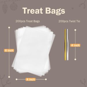 200 PCS 2.8mils Cellophane Treat Bags 4x6 Inches Clear Cellophane Gift Bags with 4" Twist Ties, Clear Goodie bags, Cookie bags, Candy bags, Plastic Bags for Treats Gifts Giving Birthday Party Favors