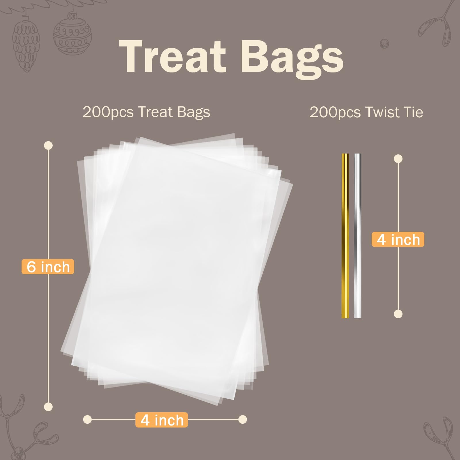 200 PCS 2.8mils Cellophane Treat Bags 4x6 Inches Clear Cellophane Gift Bags with 4" Twist Ties, Clear Goodie bags, Cookie bags, Candy bags, Plastic Bags for Treats Gifts Giving Birthday Party Favors