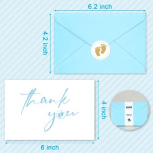 AZAZA Baby Shower Thank You Cards with Envelopes Footprint Liners, 30pcs Baby Boy Blue Thank You Cards 4x6, Thank You Note and Gold Stickers for Baby Gift Sets (Blue Envelopes & White Cards)