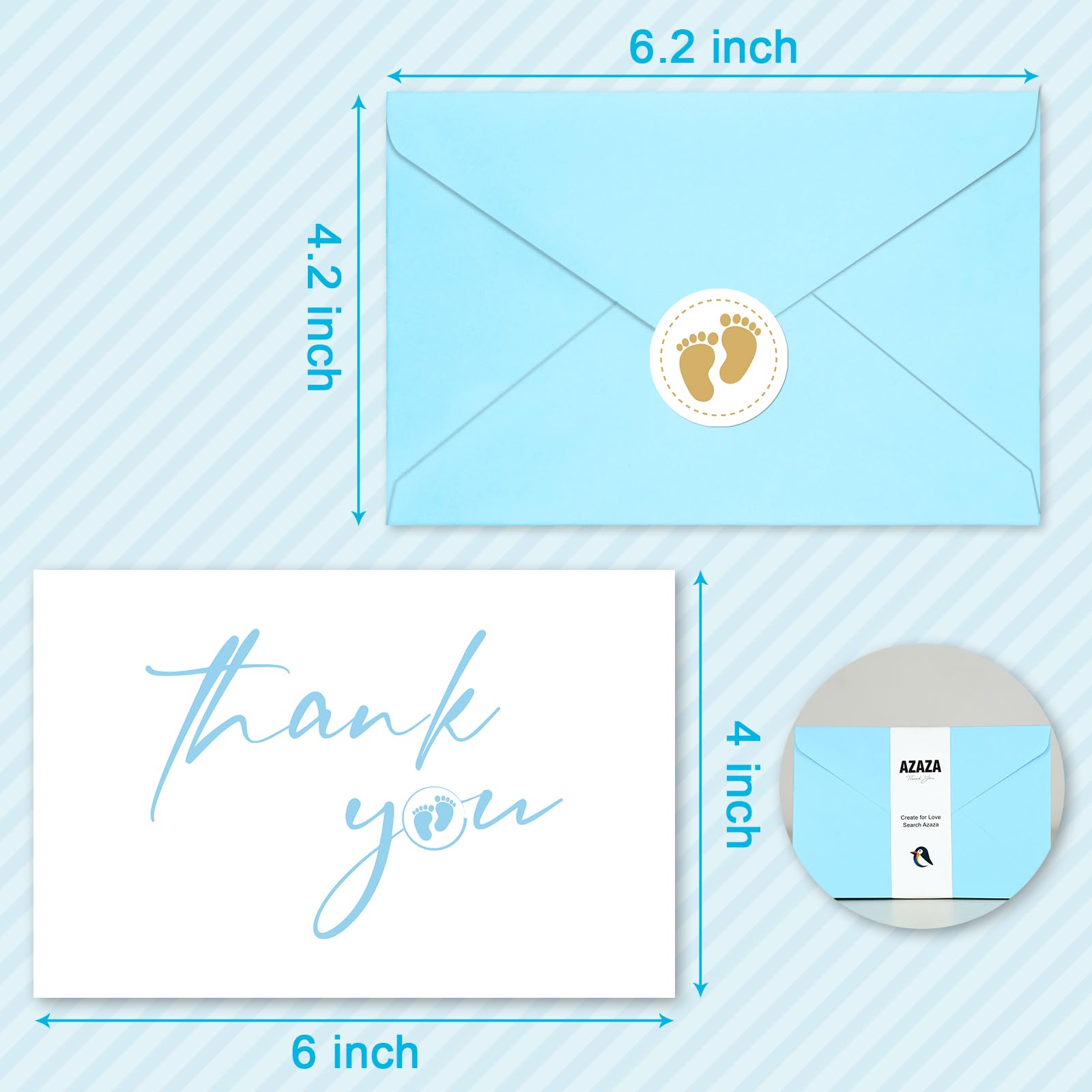 AZAZA Baby Shower Thank You Cards with Envelopes Footprint Liners, 30pcs Baby Boy Blue Thank You Cards 4x6, Thank You Note and Gold Stickers for Baby Gift Sets (Blue Envelopes & White Cards)