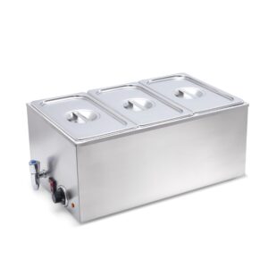 sybo commercial grade stainless steel bain marie buffet food warmer steam table for catering and restaurants, good for parties buffet servers and warmers, 3 sections with tap, sliver