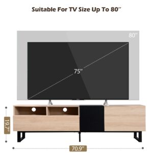 LostCat 71 Inch TV Stand with Double Storage Space for TVs up to 80'', Modern TV Console with Drop Down Door, Entertainment Center for Living Room, Bedroom and Home Theatre, Natural Wood+Black