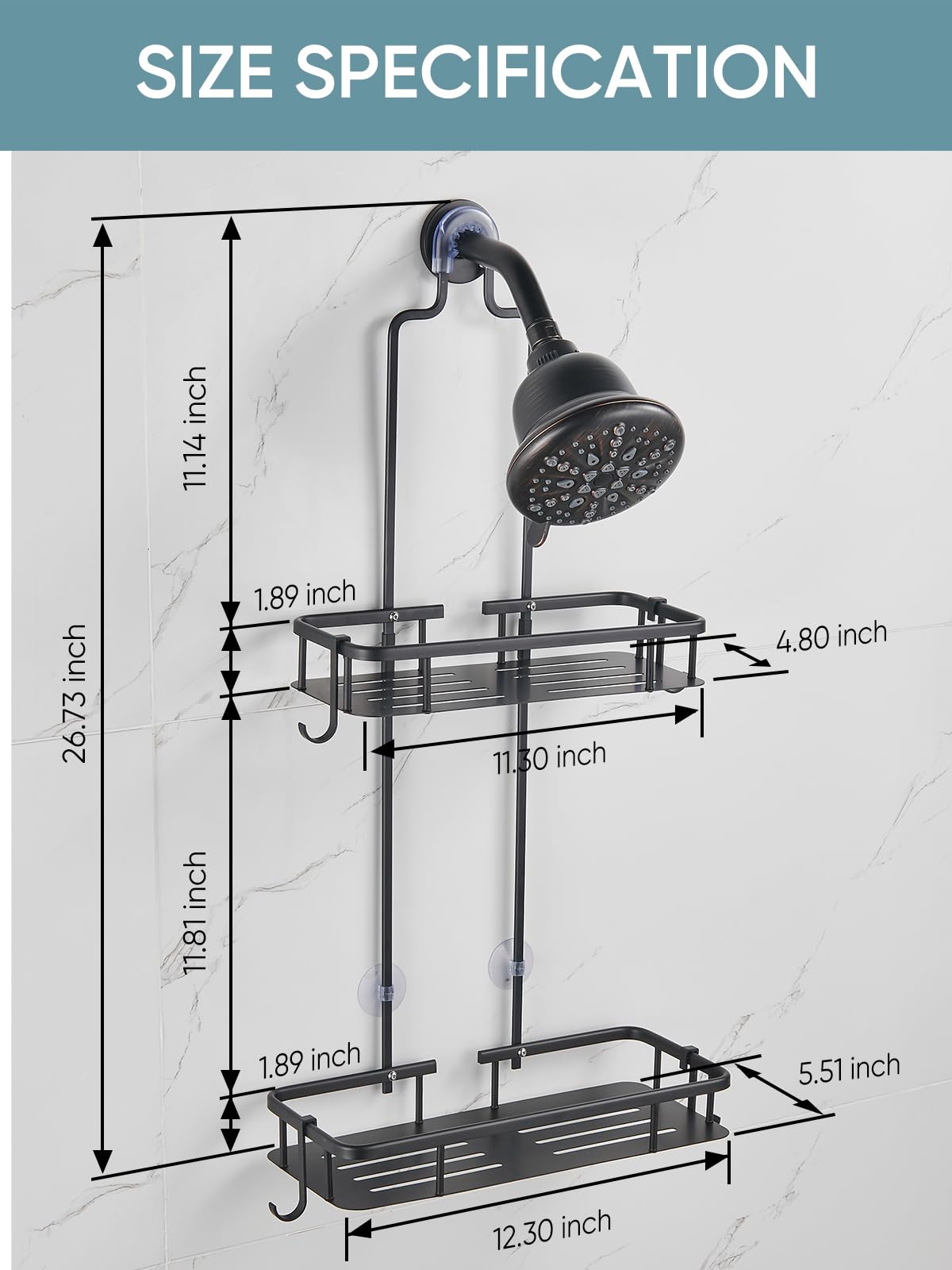 Cobbe Anti-Swing Shower Caddy Hanging with 4 Hooks for Towels/Sponge, No Drilling Bathroom Organizers and Storage Racks for Bathroom, Dorm and RV, Never Rust Aluminum, Large - Black