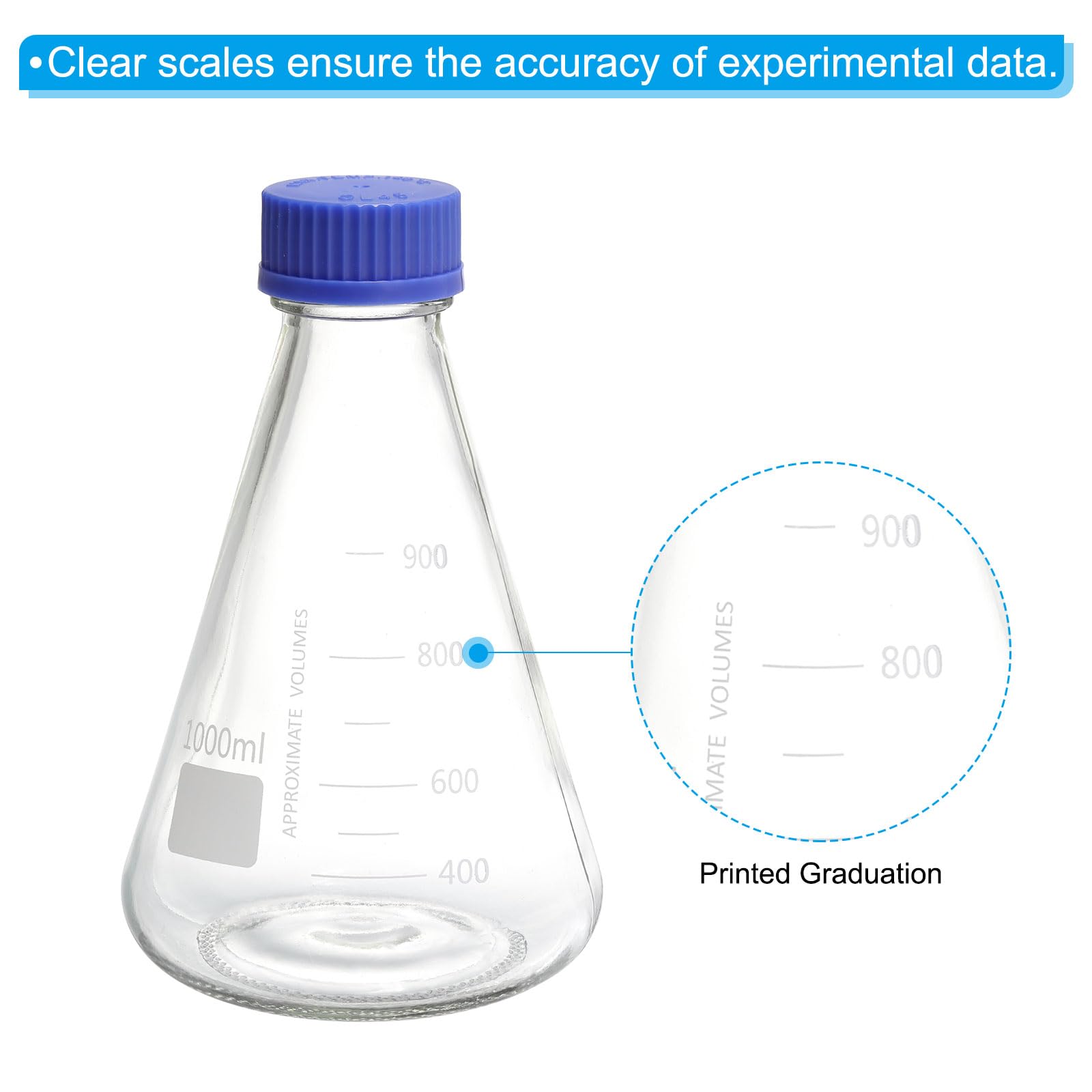 PATIKIL Erlenmeyer Flask, 1000ml Narrow Mouth Graduated Flasks with Screw Cap Borosilicate Glass Flasks with Printed Graduation for Lab, Experiment, Chemistry, Science Study