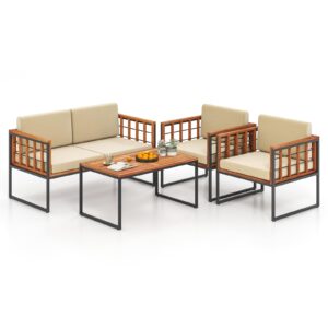 tangkula acacia wood outdoor sofa set, 4 pieces outdoor furniture set with heavy duty metal frame, soft seat & back cushions, for balcony, porch, backyard or poolside (1, beige)