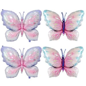 butterfly balloons, 4 pcs 40 inch pink purple and bluy butterfly mylar foil balloons for girls women butterfly theme party wedding birthday baby shower party decoration (purple/blue-4pcs)