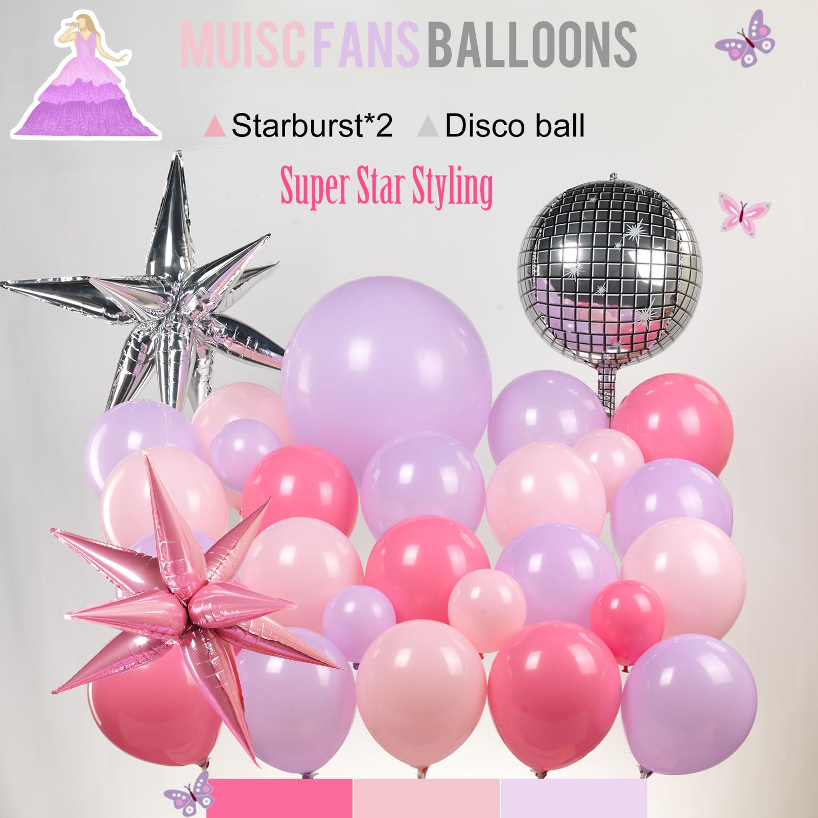 Pink and purple balloon arch Kit with Mylar star Disco Ball Balloon Garland for music fans theme teenage girl Birthday Party Prom Decorations (Pink purple silver)