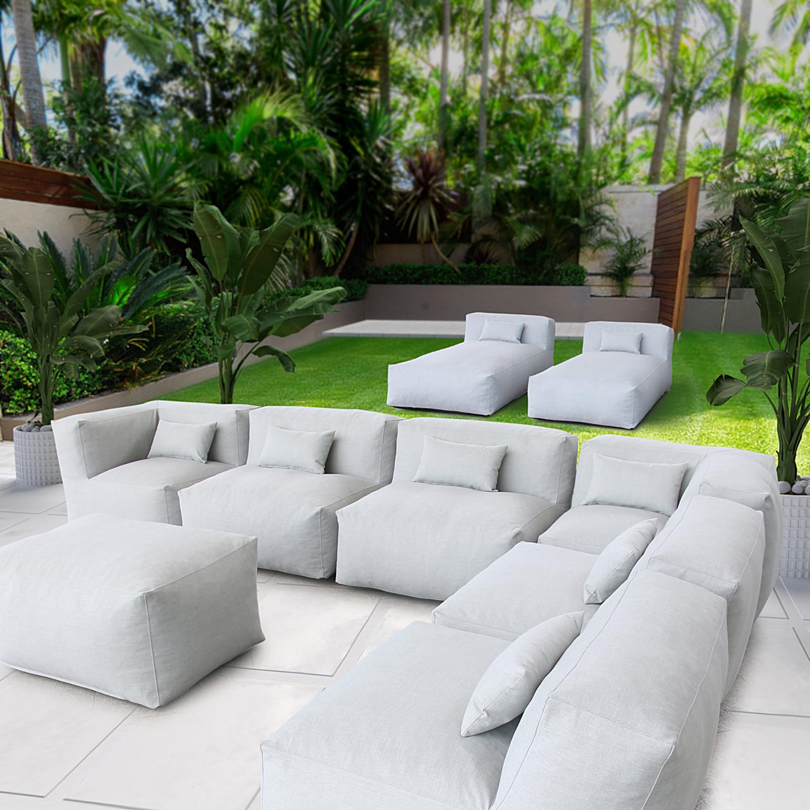 ANNYH Patio Eraclea 9C pc OUTDOOR Furniture Sectional Conversation Set - 2 Lounger 4Middle 2 Corner 1 Ottoman/Coffee-Expansion Foam Filling CHAIRS. UNIQUE Modular Contemporary Sofa (Cloud Gray)