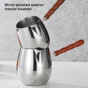 SUNGOOYUE Portable Mini Milk Warmer Pot 304 Stainless Wooden Handle Pointed Spout, Stainless Steel Butter Warmer Pan for Home Outdoor Picnic Cooking Pouring (300ML)