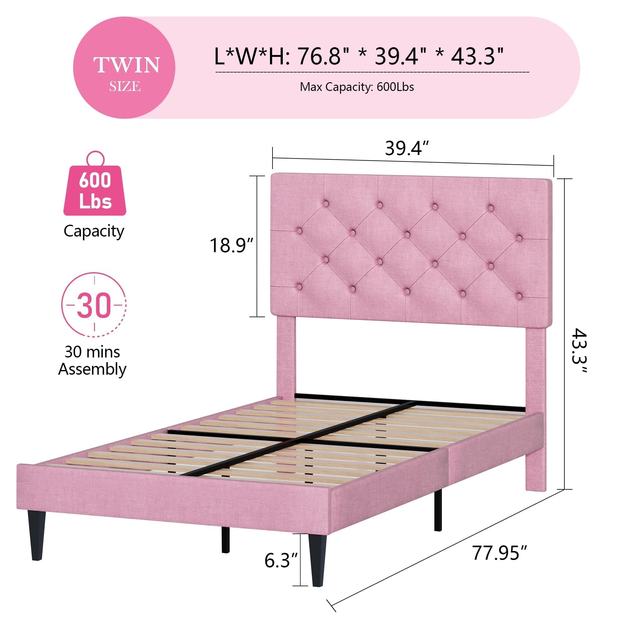 Twin Bed Frames with Button Tufted Headboard, Linen Upholstered Platform Bed with Wooden Slats Support, Princess Bed Frame for Girls, Easy Assembly, No Box Spring Required, Pink