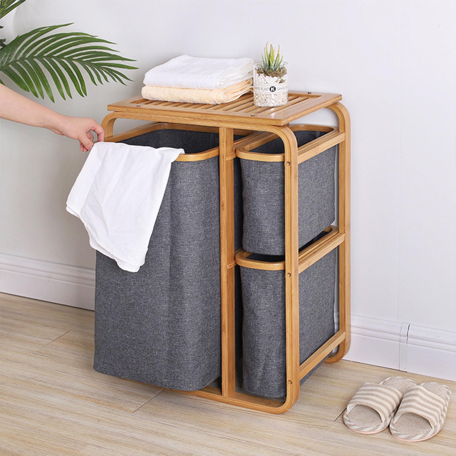 Dxcaicc Laundry Hamper with Wood Shelf,Laundry Hamper Sorter with 3 Removable & Pull-Out Sorting Bags,Clothes Hamper with Divided Bag for Laundry Room,Bathroom, Bedroom, Dorm,Grey