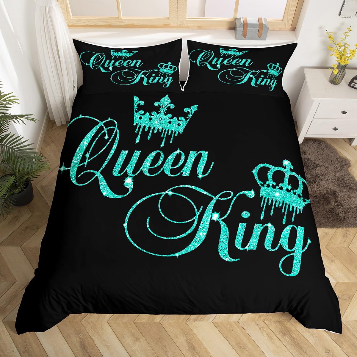 Feelyou Crown Queen and King Couple Duvet Cover Set His and Hers Bedding Set for Teens Women Men Black Teal King Size,Lover Romantic Valentine's Day Decorations Bedspread Cover (No Glitter)