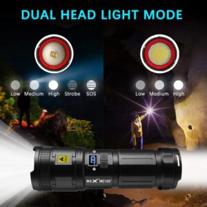 MAXME100® Dual Head Long Throw Flashlight, Flashlight High Lumens, Rechargeable, Super Bright, Powerful, Heavy Duty Long Lasting Flashlight for Outdoor Activity & Emergency Use