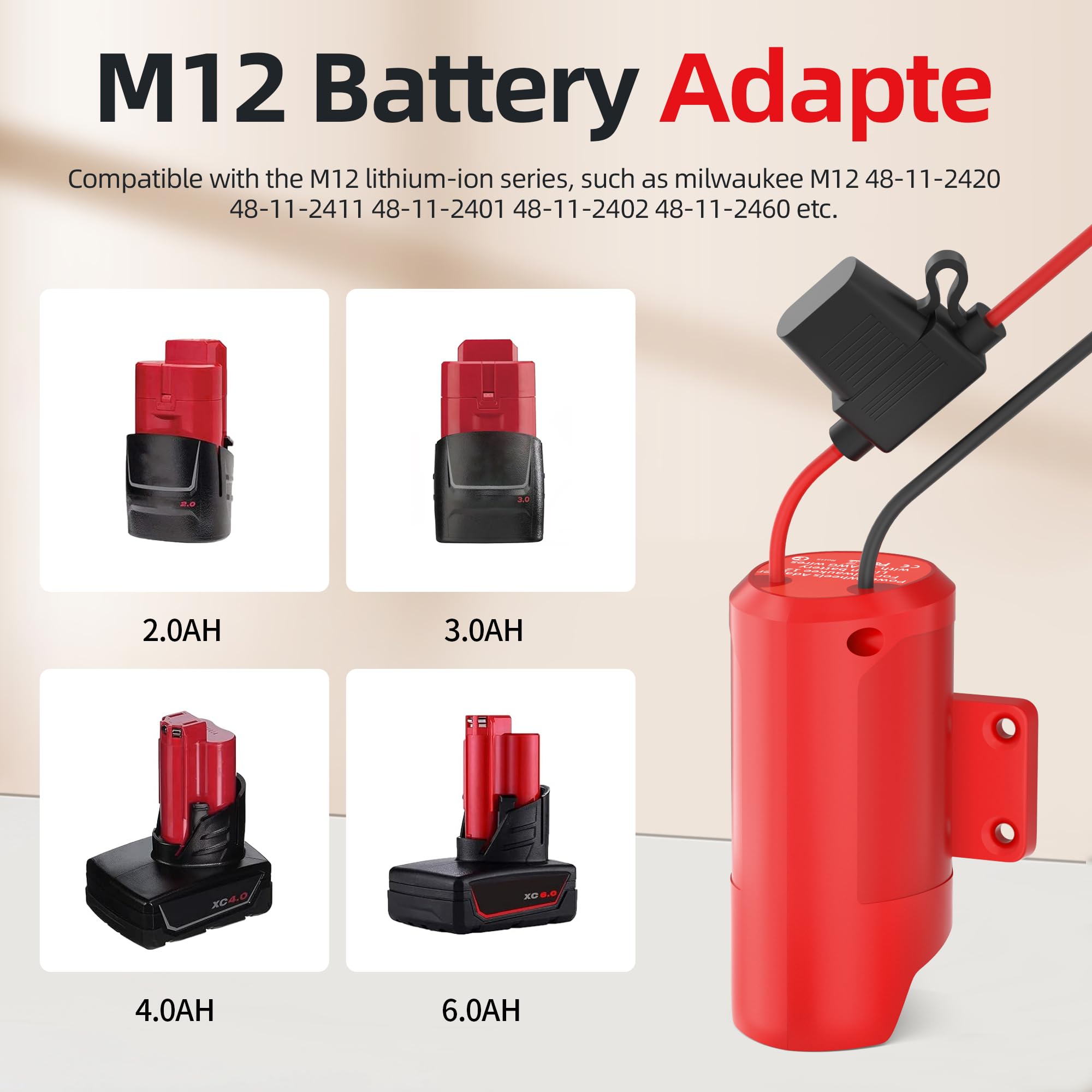 RVBOATPAT M12 Battery Adapter for Milwaukee 12V Adapter Power Wheels Battery Adapter 14 Gauge Wire with Fuses and Connectors for DIY RC Trucks Toys Robotics