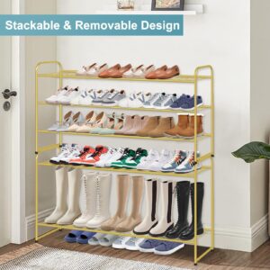 AOODA Long 3 Tier Metal Shoe Rack for Closet Wide Stackable Shoe Storage Organizer for Entryway, Bedroom, Floor, 24-Pairs Men Sneakers Shoe Shelf with Wire Grid, Golden