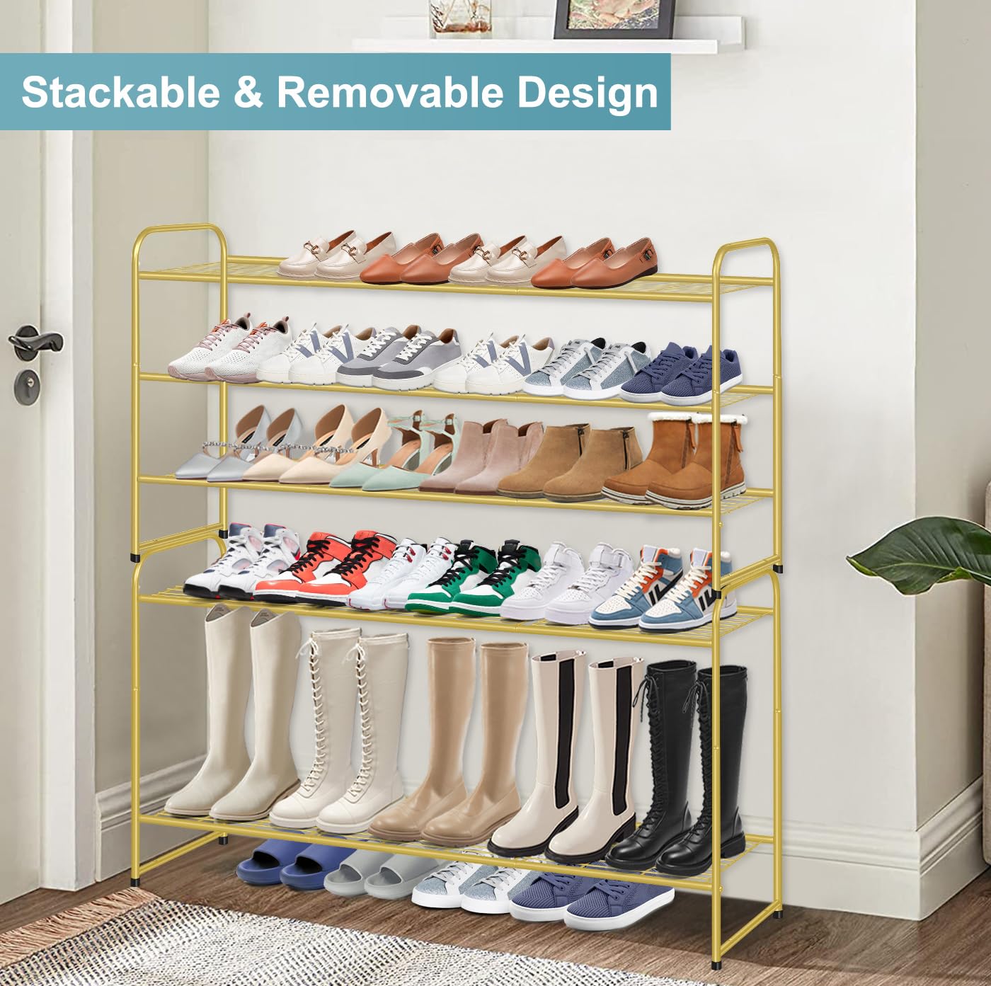 AOODA Long 3 Tier Metal Shoe Rack for Closet Wide Stackable Shoe Storage Organizer for Entryway, Bedroom, Floor, 24-Pairs Men Sneakers Shoe Shelf with Wire Grid, Golden