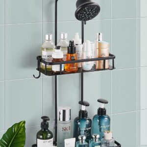 Cobbe Anti-Swing Shower Caddy Hanging with 4 Hooks for Towels/Sponge, No Drilling Bathroom Organizers and Storage Racks for Bathroom, Dorm and RV, Never Rust Aluminum, Large - Black