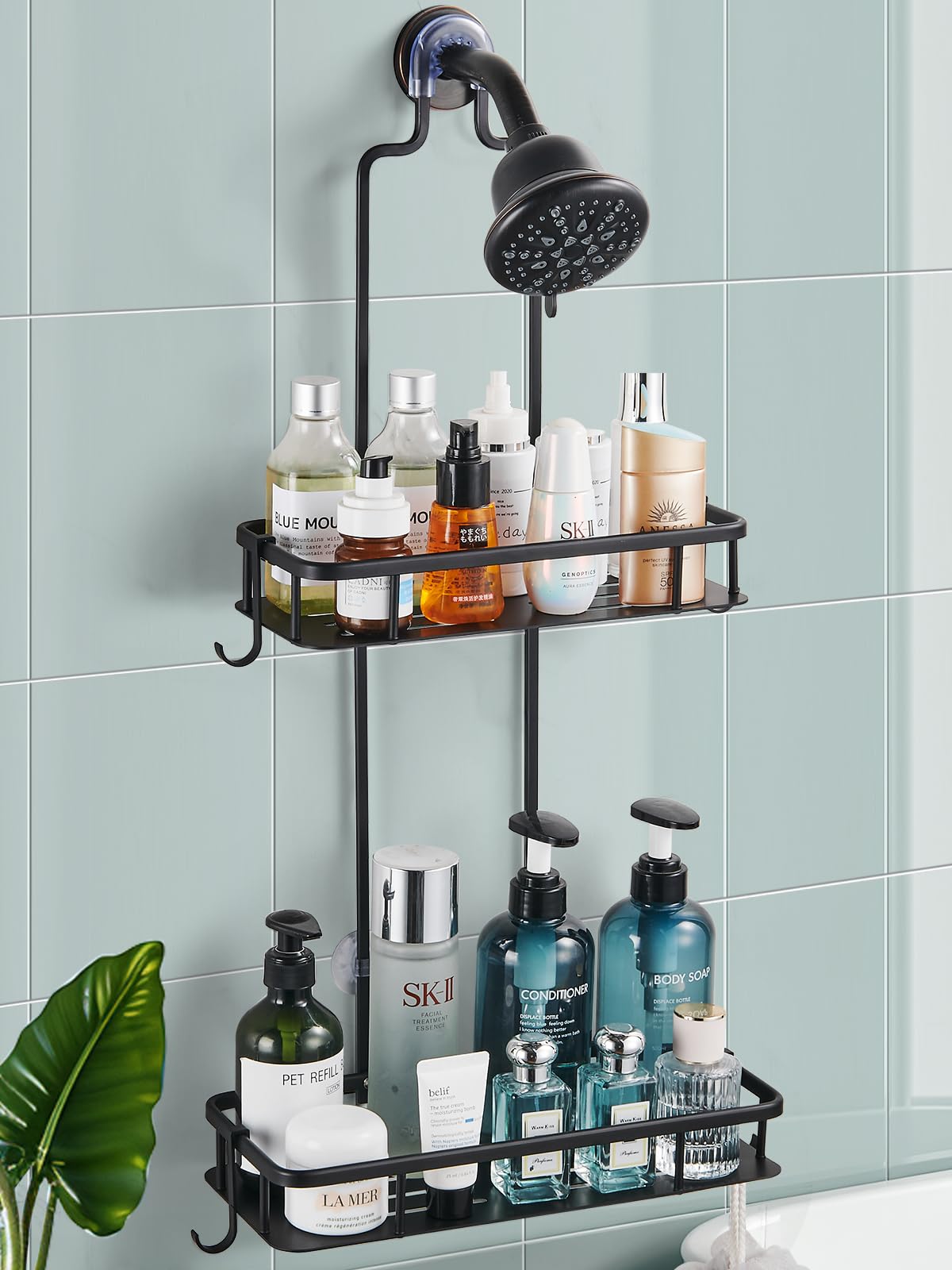 Cobbe Anti-Swing Shower Caddy Hanging with 4 Hooks for Towels/Sponge, No Drilling Bathroom Organizers and Storage Racks for Bathroom, Dorm and RV, Never Rust Aluminum, Large - Black