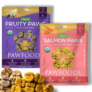 pawfoods organic dog treats fruity paws & salmon - healthy, low calorie, joint support, shiny coat, omega 3 & 6, tasty puppy treats for all dogs, only 5 cal, 60 treats per bag - 170g, made in usa